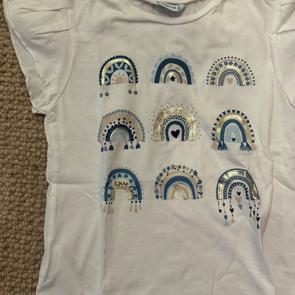 Mayoral White Tee with Blue and Gold Rainbow Design- size 7 new but no tag